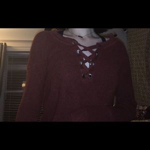 American Eagle Lace Up Knit Sweater Red Orange